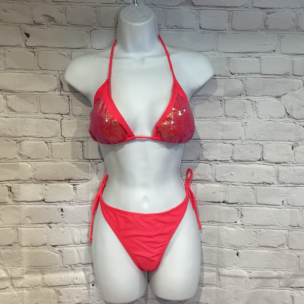 APOLLO BIKINI SET PINK SEQUIN TRIANGLE HALTER SZ XL NWT